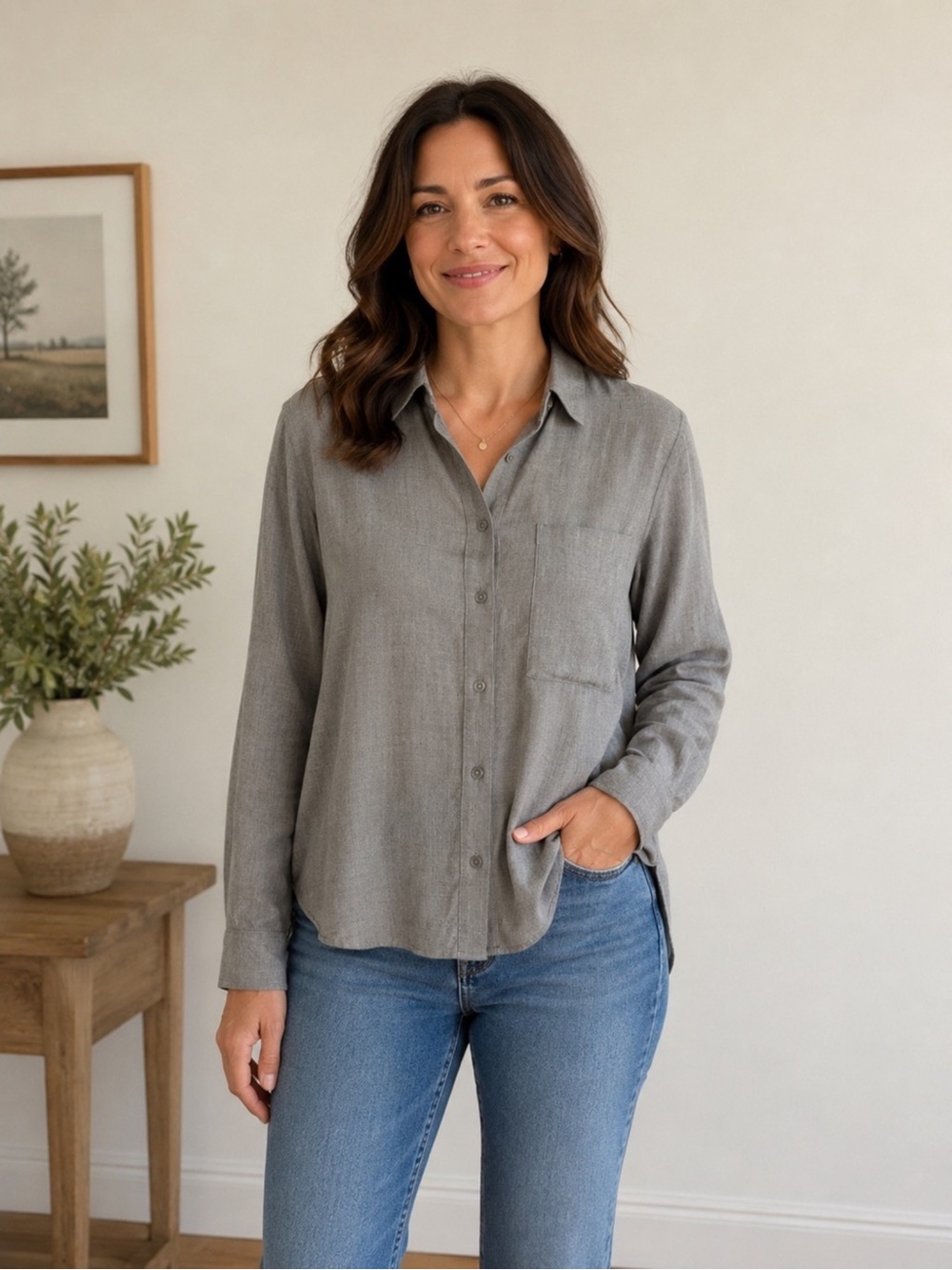 Reitmans Gray Button-Down Pocket Shirt